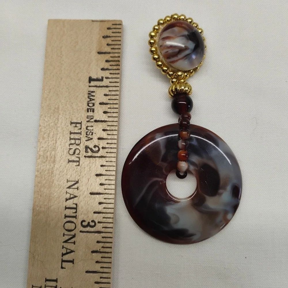 Vintage Brown White‎ Acrylic Dangle Clip On Earrings Statement Costume